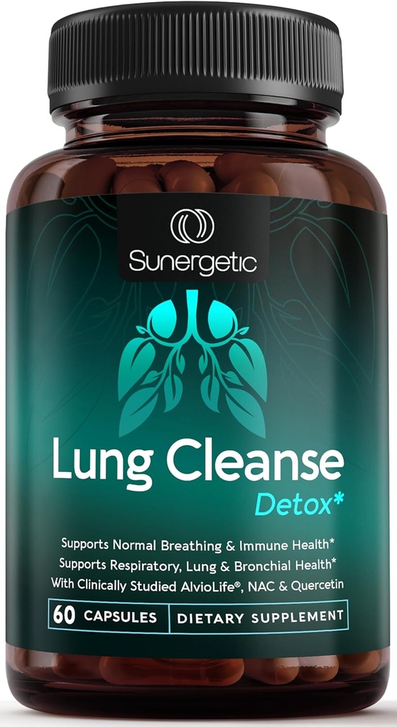 Sunergetic Premium Lung Support Supplement - Lung Cleanse & Detox Supplement With Mullein Leaf, NAC, Bromelain & Boswellia-Lung Health Formula for Respiratory, Breathing & Bronchial Health-60 Cápsulas