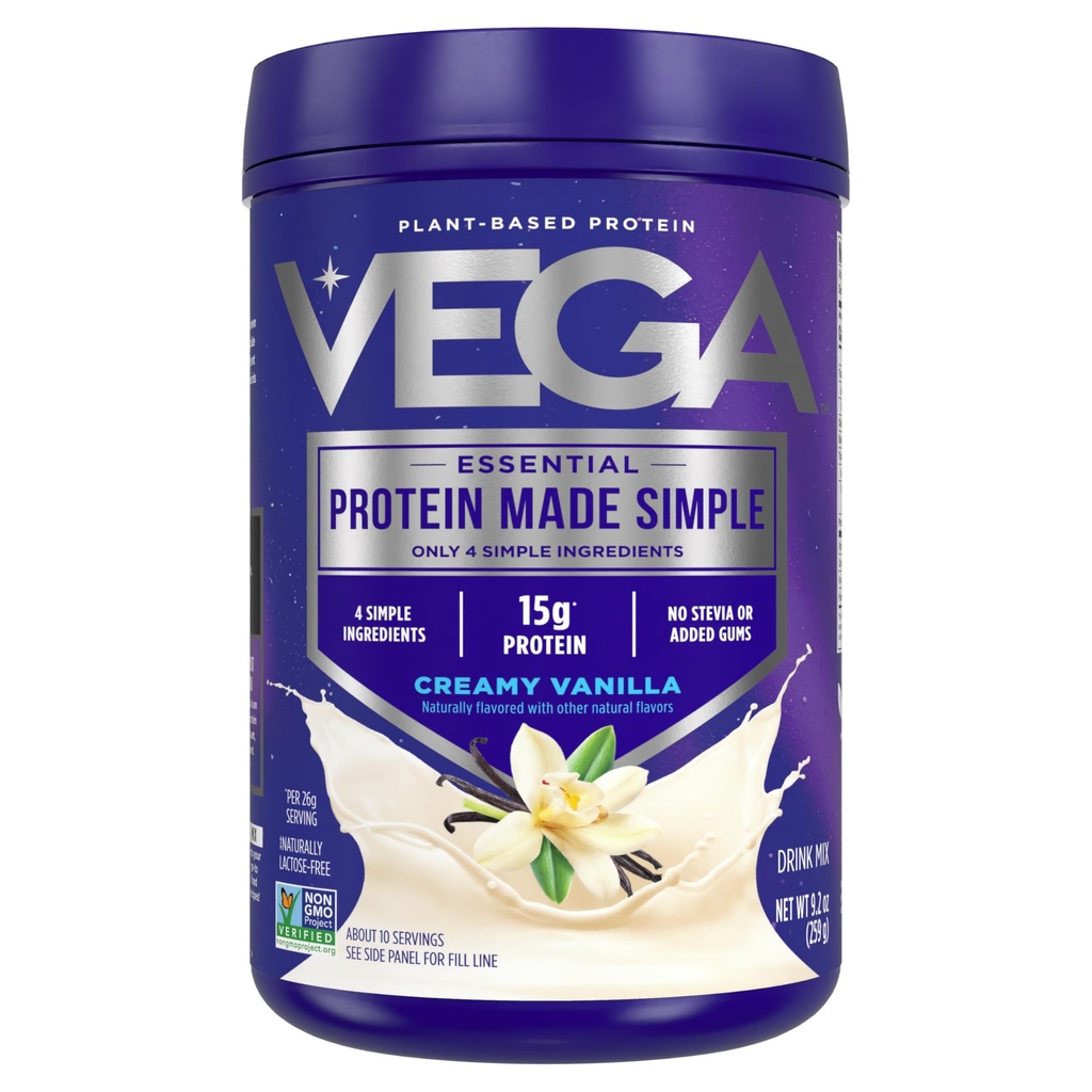 Vega proteína feita simples proteína em pó, Baunilha - Stevia Livre, Vegan, Baseada em plantas, Saudável, Sem glúten, Proteína de ervilha para mulheres e homens, 9.2 oz (Packaging May Vary)