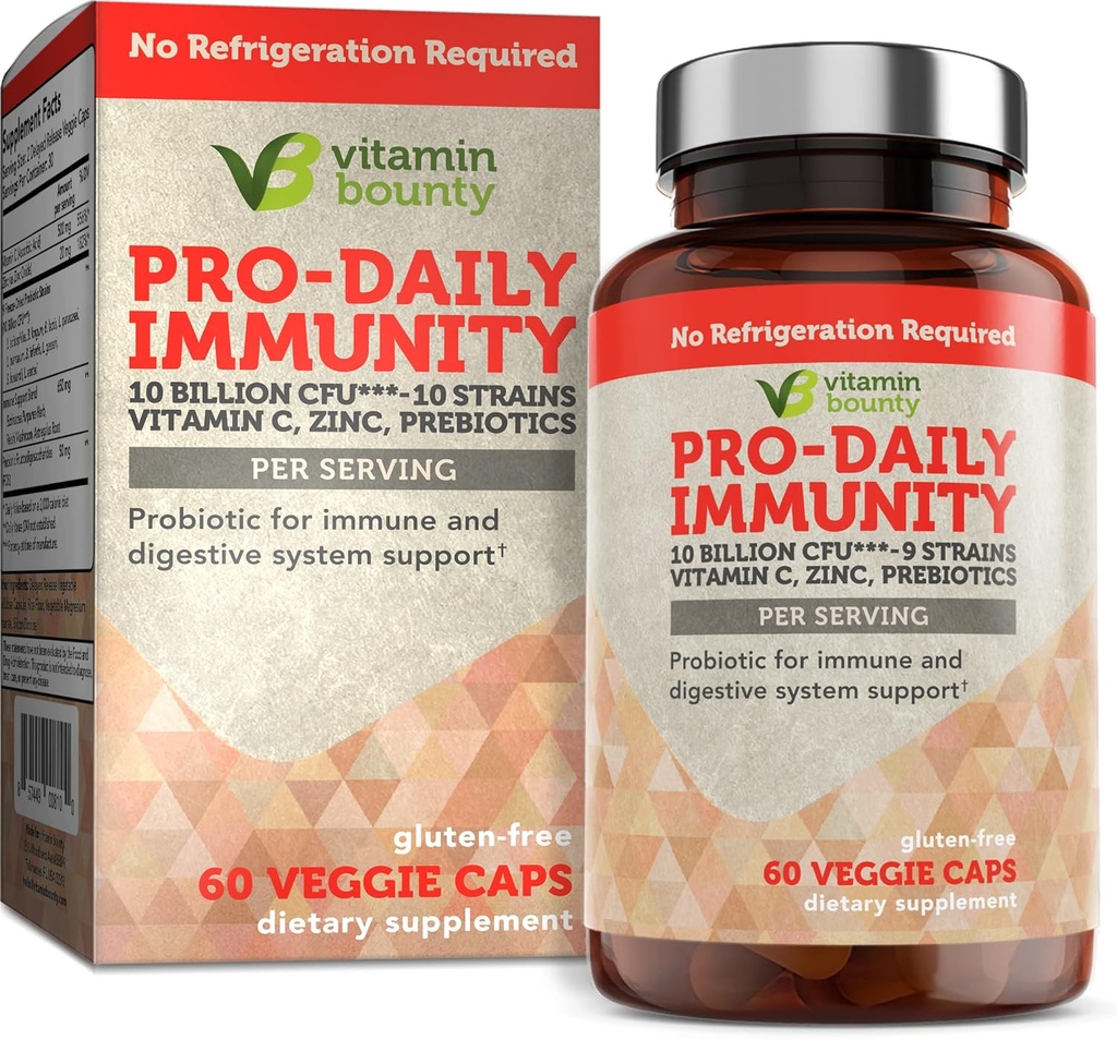 Vitamina Bounty Pro-Daily Probiótico - 10 bilhões de UFC Mistura, Zinco e Vitamina C para Saúde Digestiva, Suporte Imune Prebioitcs e Probióticos para Mulheres e Homens - 60 Cápsulas
