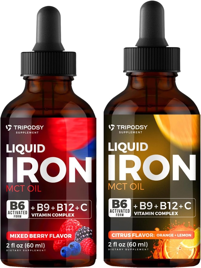 Suplemento de ferro líquido, Gotas de ferro, Mulheres e homens, B6, B9, B12, Vitamina C, Anemia, Blood Builder, Folato, Célula de sangue vermelha, Suporte imunológico, Óleo MCT, Citrus, Berry misto