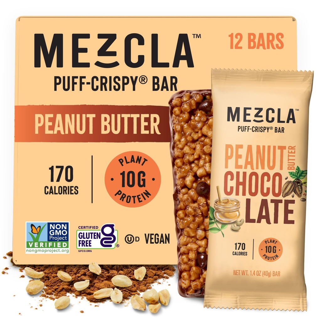 Mezcla Puff Crispy Protein Bars, Gluten Free & Vegan Protein Bars, 10g Protein, Alt para Crispy Rice Treat, Granola Bars & Bares de café da manhã, Snacks saudáveis para adultos, Chocolate manteiga de amendoim, 12 Pack