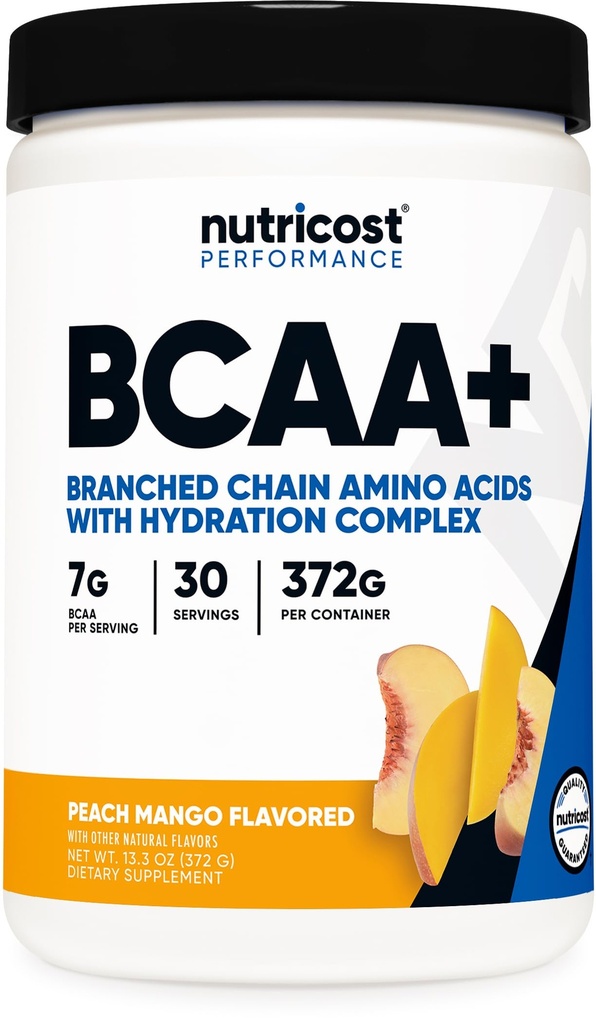 Nutricost BCAA + pó de hidratação (Mango de pêssego) 30 Servões - Cadeia ramificada Aminoácidos com complexo de hidratação - Sem glúten, Não-GMO