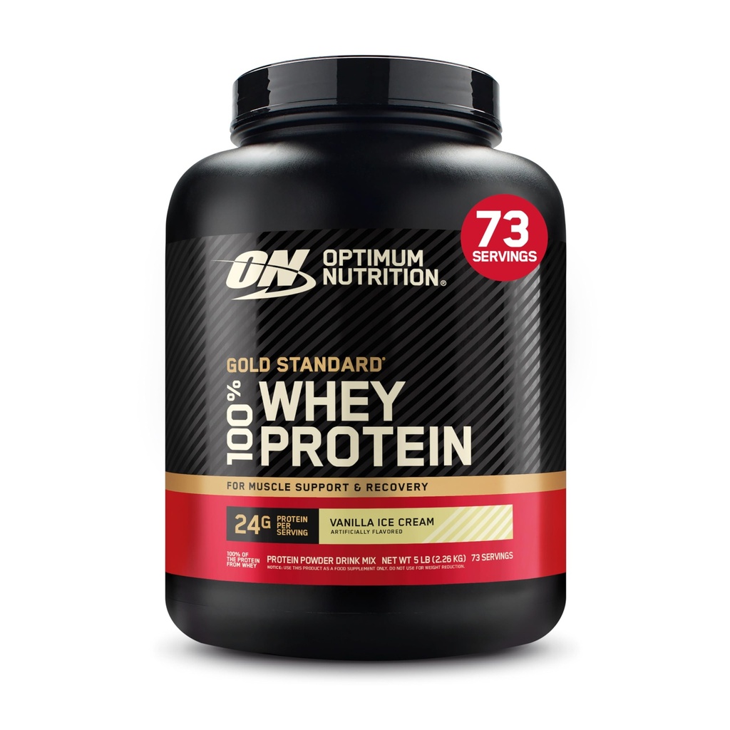 Otimum Nutrition Gold Standard 100% Whey Protein Powder, Vanilla Ice Cream, 5 libras (Packaging May Vary)