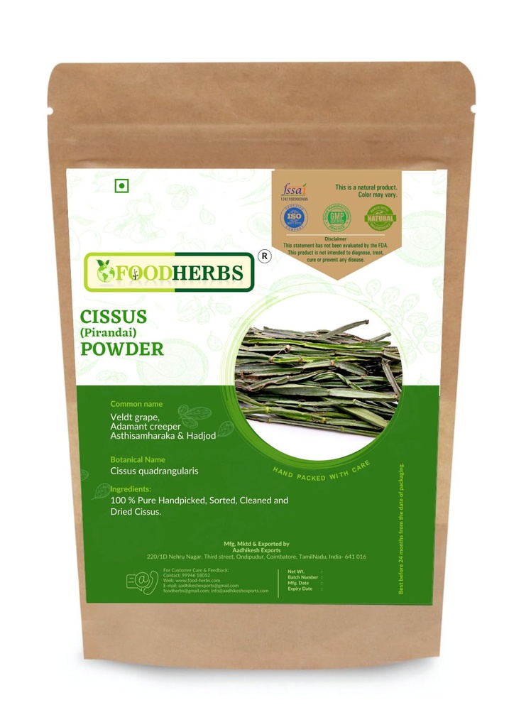 Uvas de comida Cissus Quadrangularis Powder 200 GMS / 0,44 Lbs .. para o bem-estar ósseo .. Hadjod .. Pirandai ..
