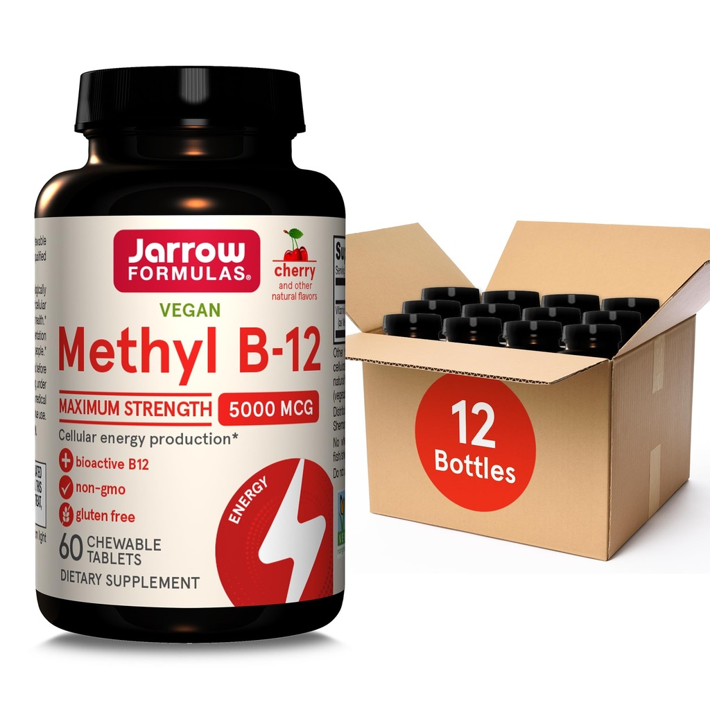 Fórmulas de Jarrow Força Máxima Metil B-12 5000 mcg, Suplemento dietético para Produção de Energia Celular e Apoio à Saúde do Cérebro, 60 comprimidos mastigáveis de cereja, suprimentos de 60 dias, pacote de 12