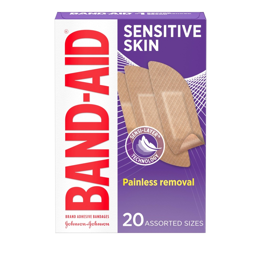Band-Aid Bandagens de adesivo marca para pele sensível, faixas de primeiros socorros hipoalergênicos com remoção indolor, permanece em quando molhado e adequado para Eczema Prone pele, estéril, variados, 20 quilates