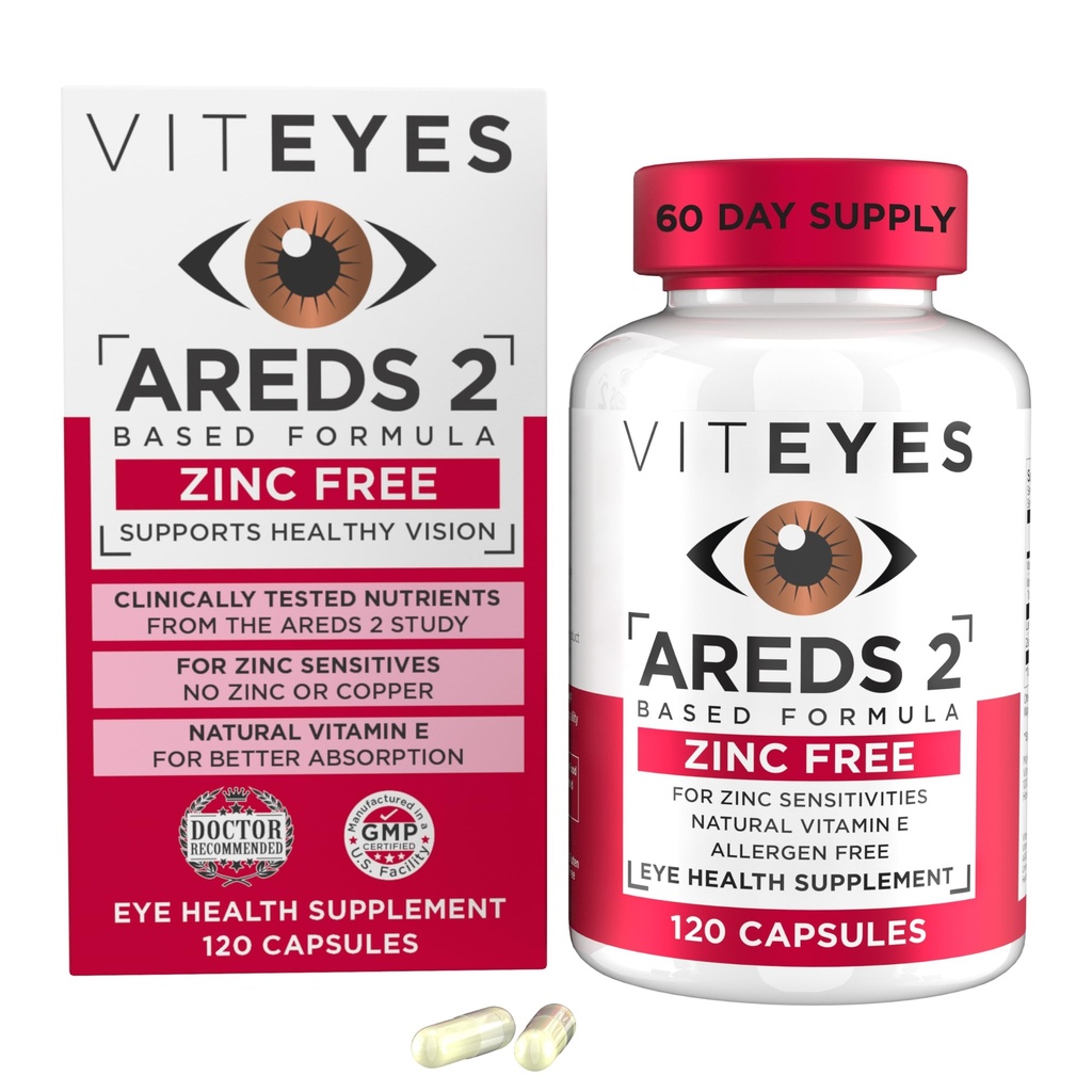 Viteyes AREDS 2 Zinco grátis Suporte Macular, Cápsulas grátis de alergénio natural com vitamina E, Vitamina C, Lutein & Zeaxanthin, Sem zinco, Sem cobre, Olho médico confiável, Fabricado nos EUA, 120 Ct