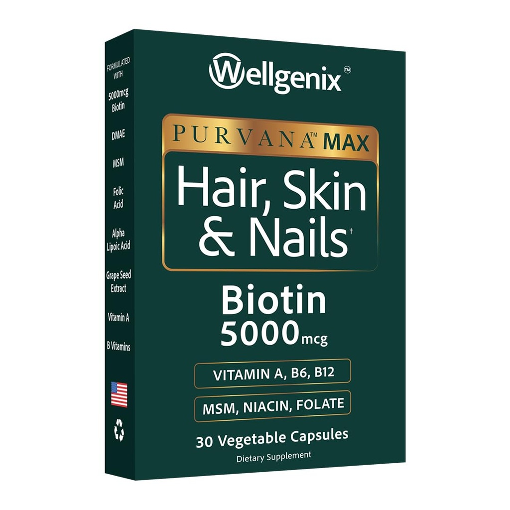 Wellgenix Purvana Max Cabelo, pele e unhas Vitamina - dupla força Biotina 5000 MCG, VIT A & B, ácido fólico, extrato de sementes de uva - Suplemento de suporte de cabelo -30 Cápsulas (Pacote de 1)