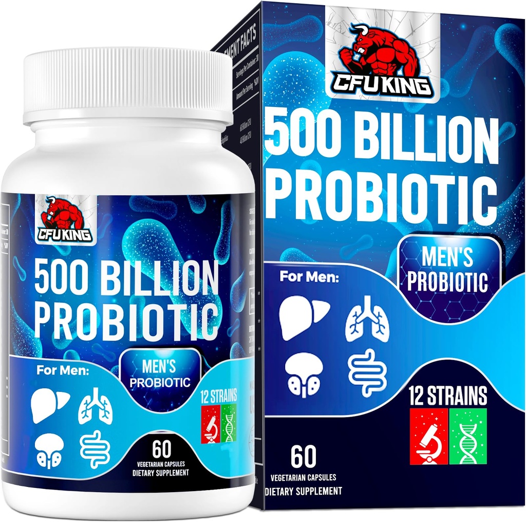 Probióticos para homens, 500 bilhões UFC e 12 homens Probiótico para a saúde digestiva + 4 Fibra Prebiótica Orgânica, para Digestiva, Gut, Saúde Imune, Bloating, Gás, Suporte Energético, Estable prateleira - 60 Cápsulas