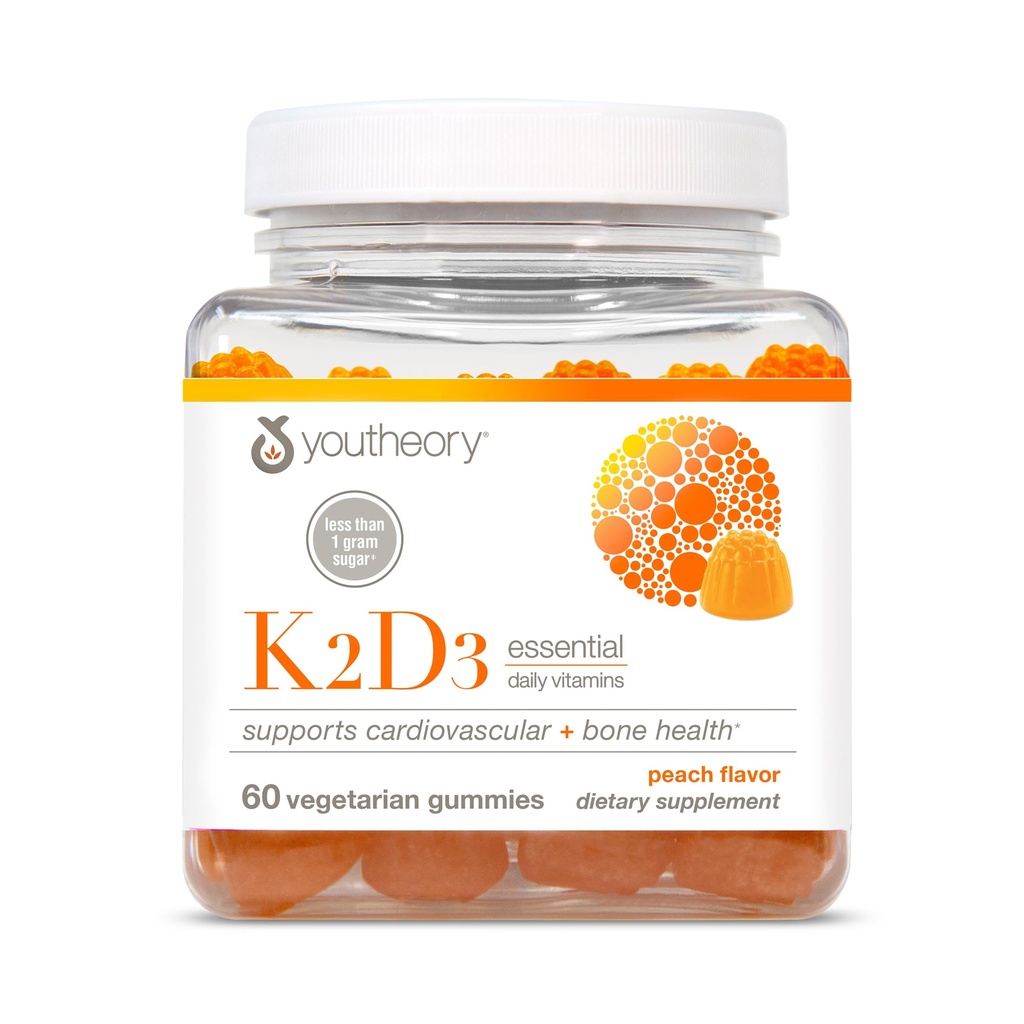 Youtheory K2D3 - Suporte de saúde óssea e cardíaca* - Combina vitamina D3 & vitamina K2 - Dairy, Soy & Gluten Free - Peach, 60 chicletes vegetarianos
