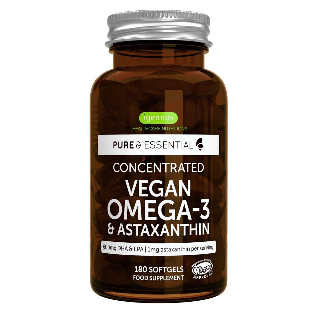 Igennus Vegan Omega-3 Natural Triglicéride Óleo de algas, DHA & EPA Fatty Acid Supplement, 180 Pequenos Softgels com Astaxantina, Fácil de Sufocar, Puro & Sustentável, 90 Servings