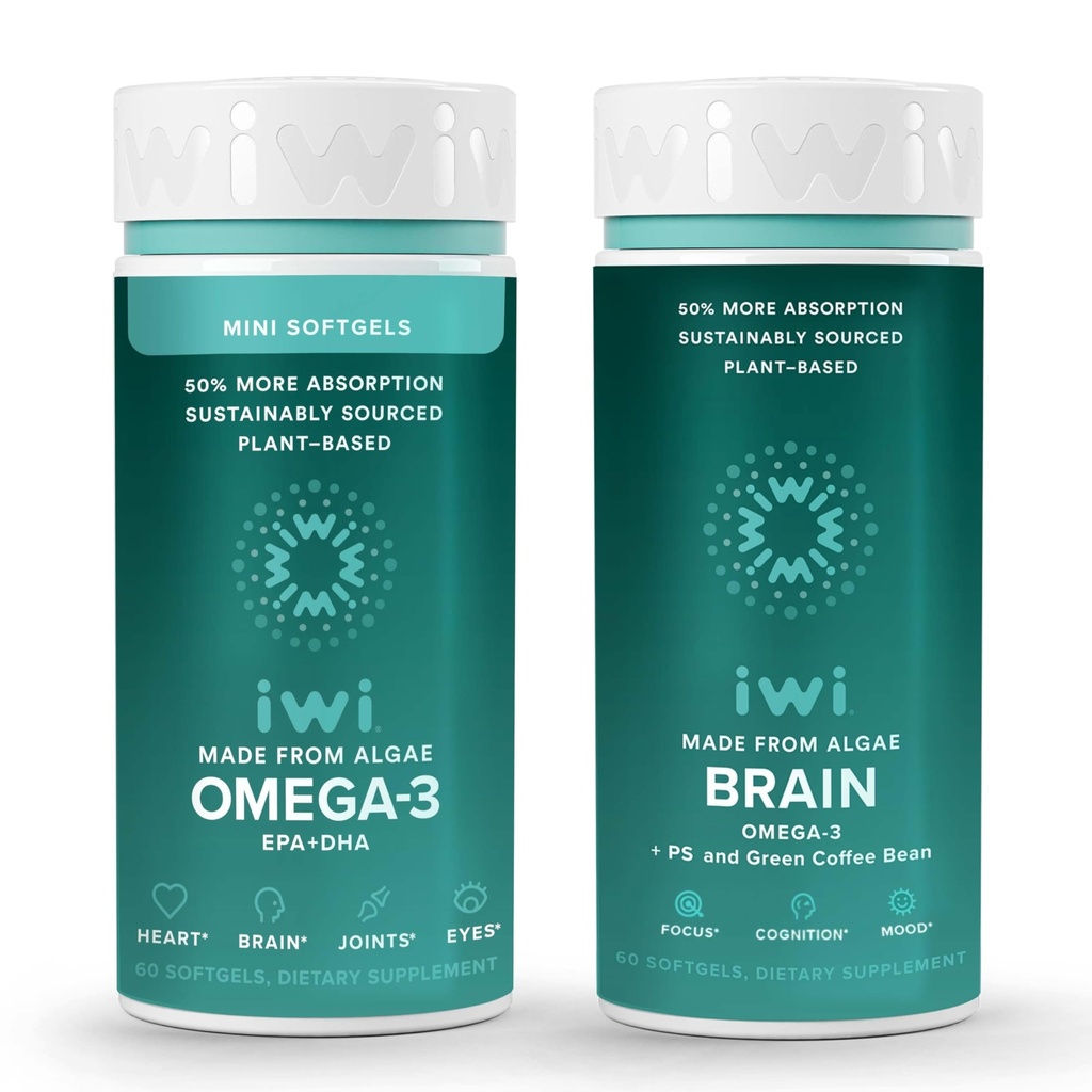Iwi Omega-3 Minis & Brain Omega-3 Bundle, 30 Servings, Vegan Planta-baseada Algas Omega 3 com EPA + DHA, Krill & Fish Oil Alternative, Sem gosto de peixe