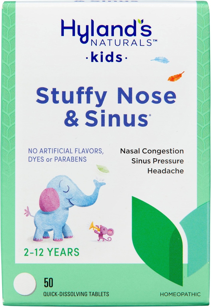 Hyland's Kids Stuffy Nase and Sinus Tablets, Cold Medicine for Children Ages 2 and up, Hephane Relief and Nasal Descongestionant, Quick Dissolving Tablets, 50 Count