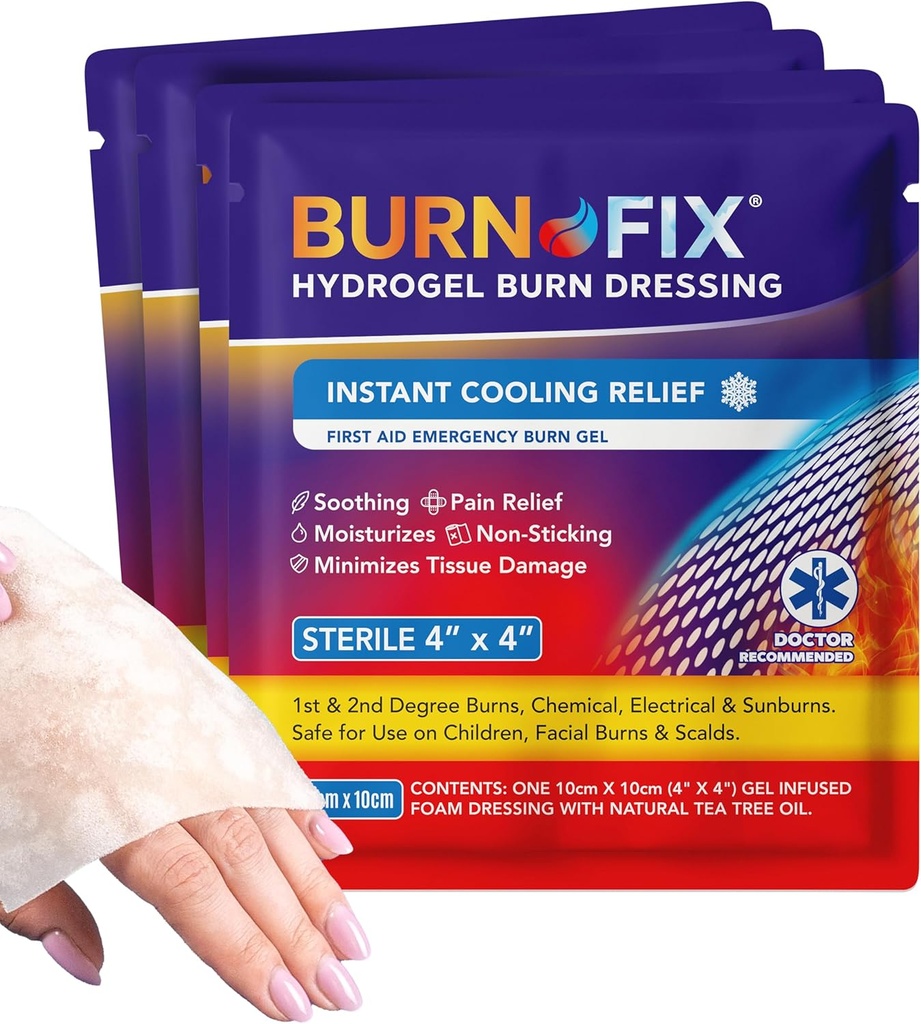 BurnFix® - Tratamento de primeiros socorros 4 x 4" Gel queimado. Absorção imediata da dor Dressing da queimadura do hidrogel de alívio da dor para queimaduras de 1o, 2o grau, Razor & Sunburns para casa, trabalho, fogo, EMS