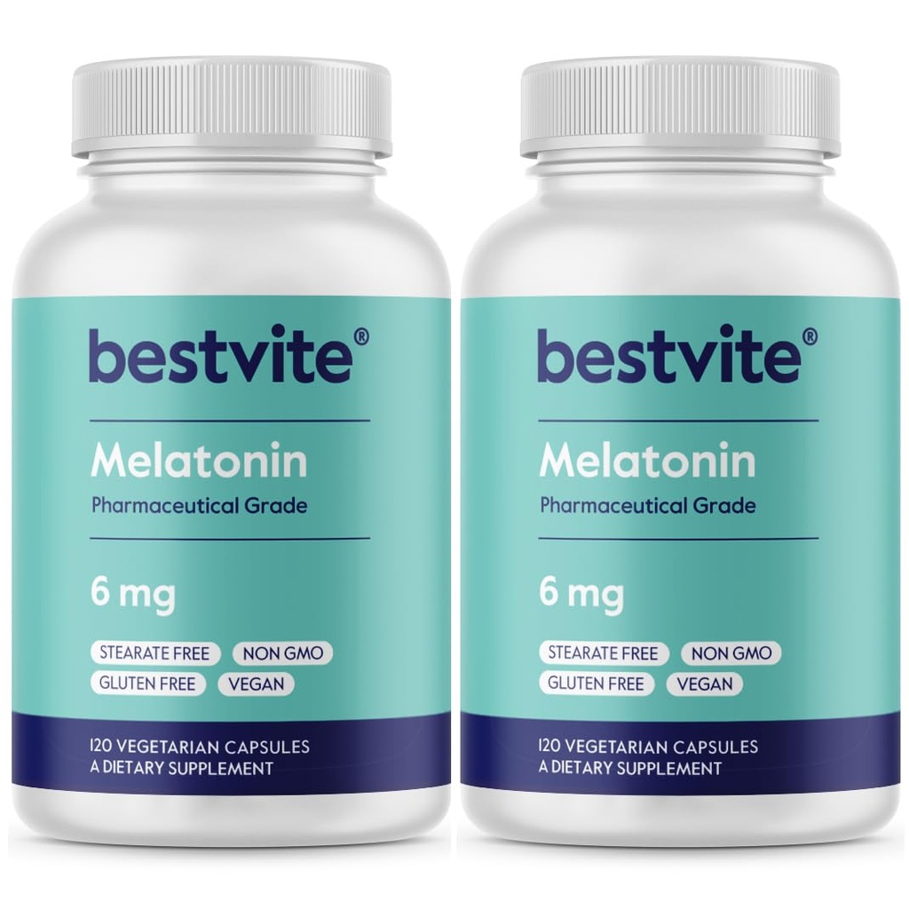 BESTVITE Melatonina 6mg (240 Cápsulas vegetarianas) (120 x 2) - Sem estearatos - Vegan - Não OGM - Glúten Grátis