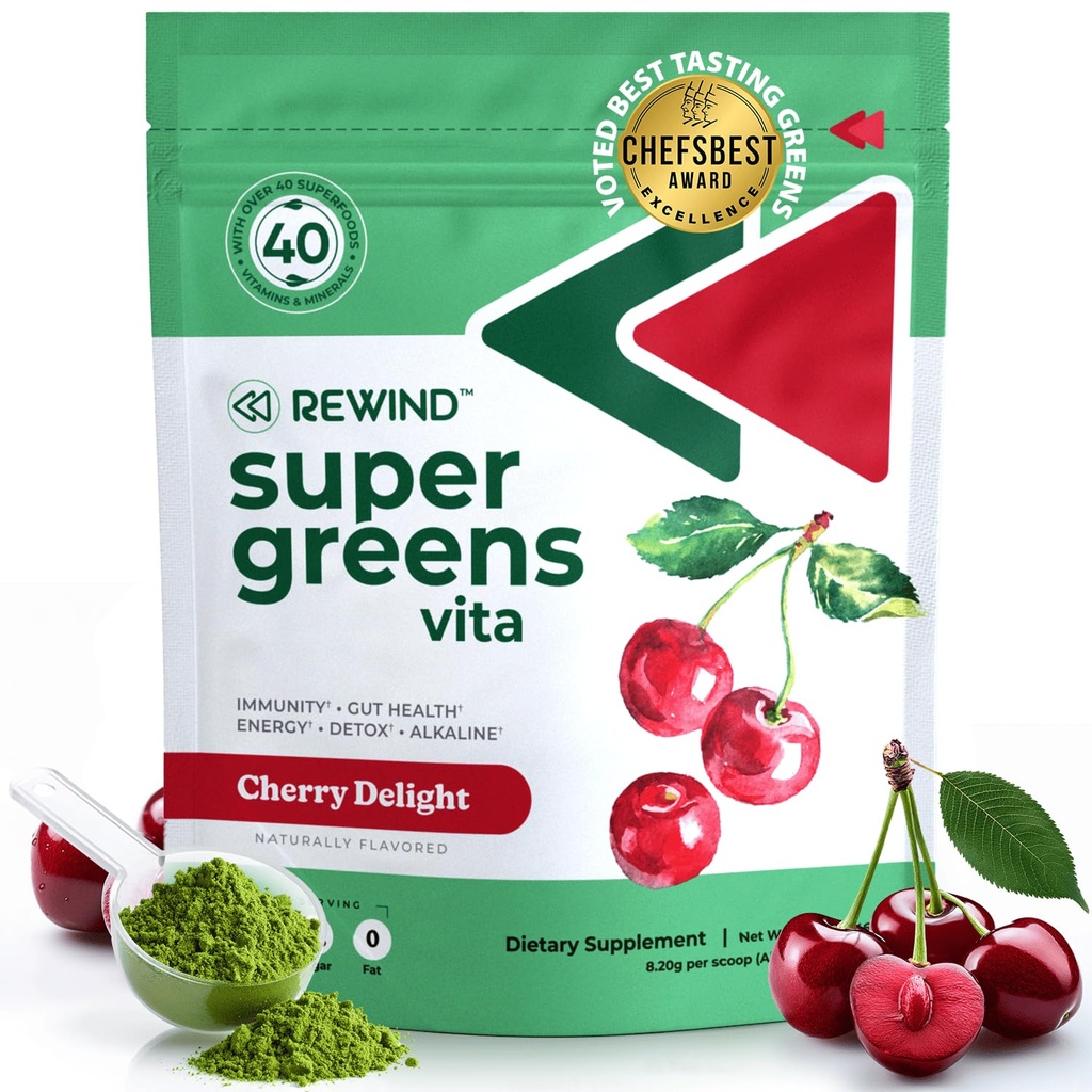 Melhor degustação Super Greens Pó com 40+ Superalimentos – Delicious Daily Green Powder com Vitamina B12, Zinco, Vitamina C, Magnésio e Cálcio – Green Juice Superfood Mix - Cherry Sabor