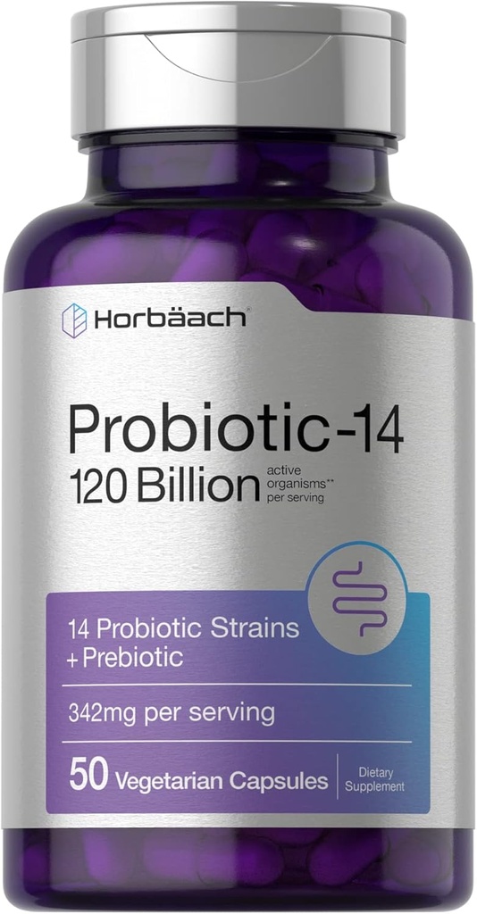 Horbäach Probióticos 120 bilhões de UFC 14 Strains with Prebióticos para Mulheres e Homens 50 Cápsulas