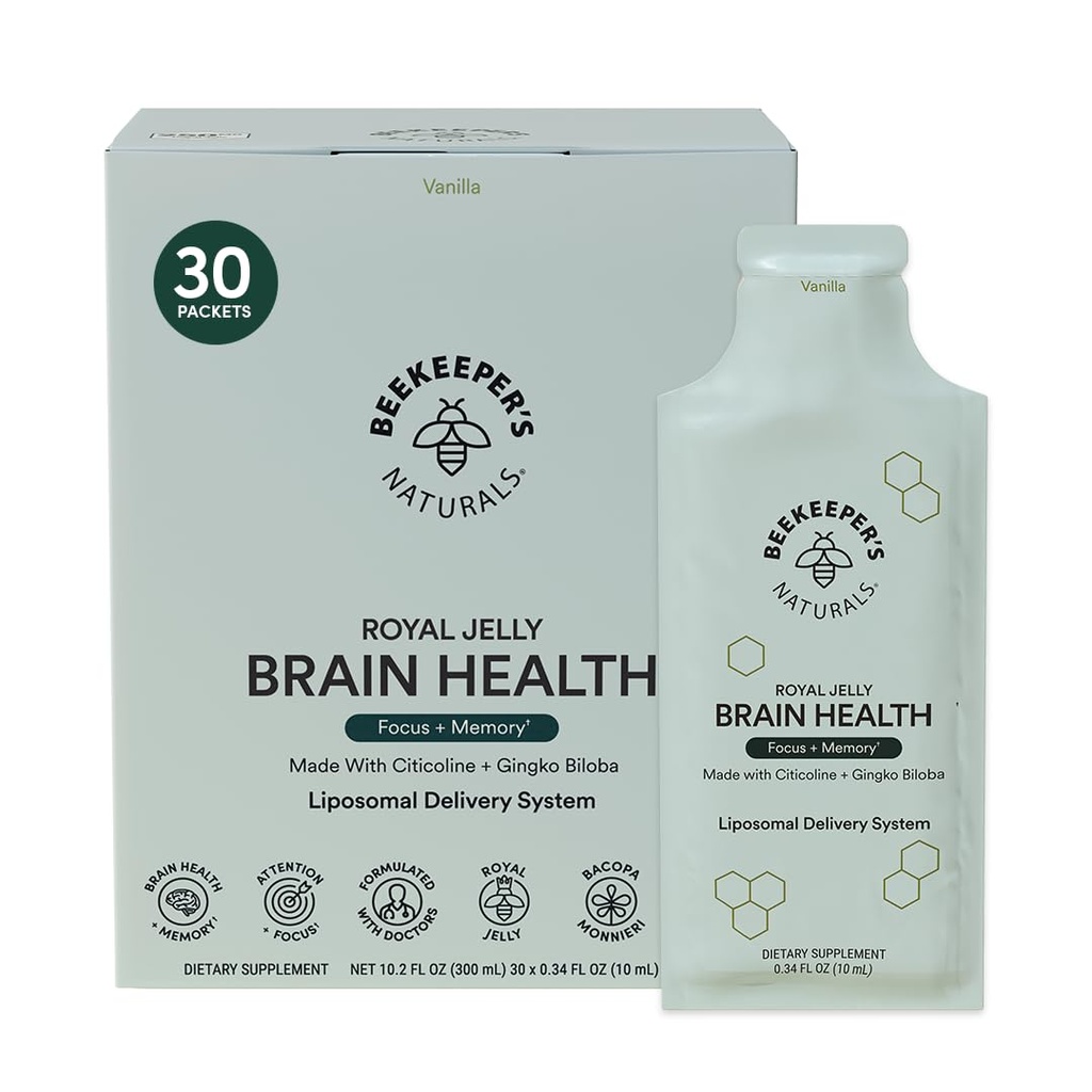 Nootropic Brain Supplement by Beekeeper's Naturals, 500mg Citocolina, Ginkgo Biloba, Bacopa Monnieri & Royal Jelly, Suporta foco e memória, Absorção mais fácil, Mais um sabor de baunilha saborosa, 30ct
