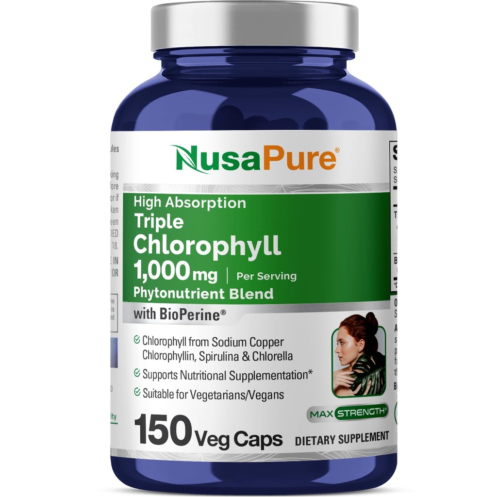 NusaPure alta absorção tripla clorofila 1000 mg 150 tampas de legumes adequado para vegetarianos e Vegans, Não-GMO
