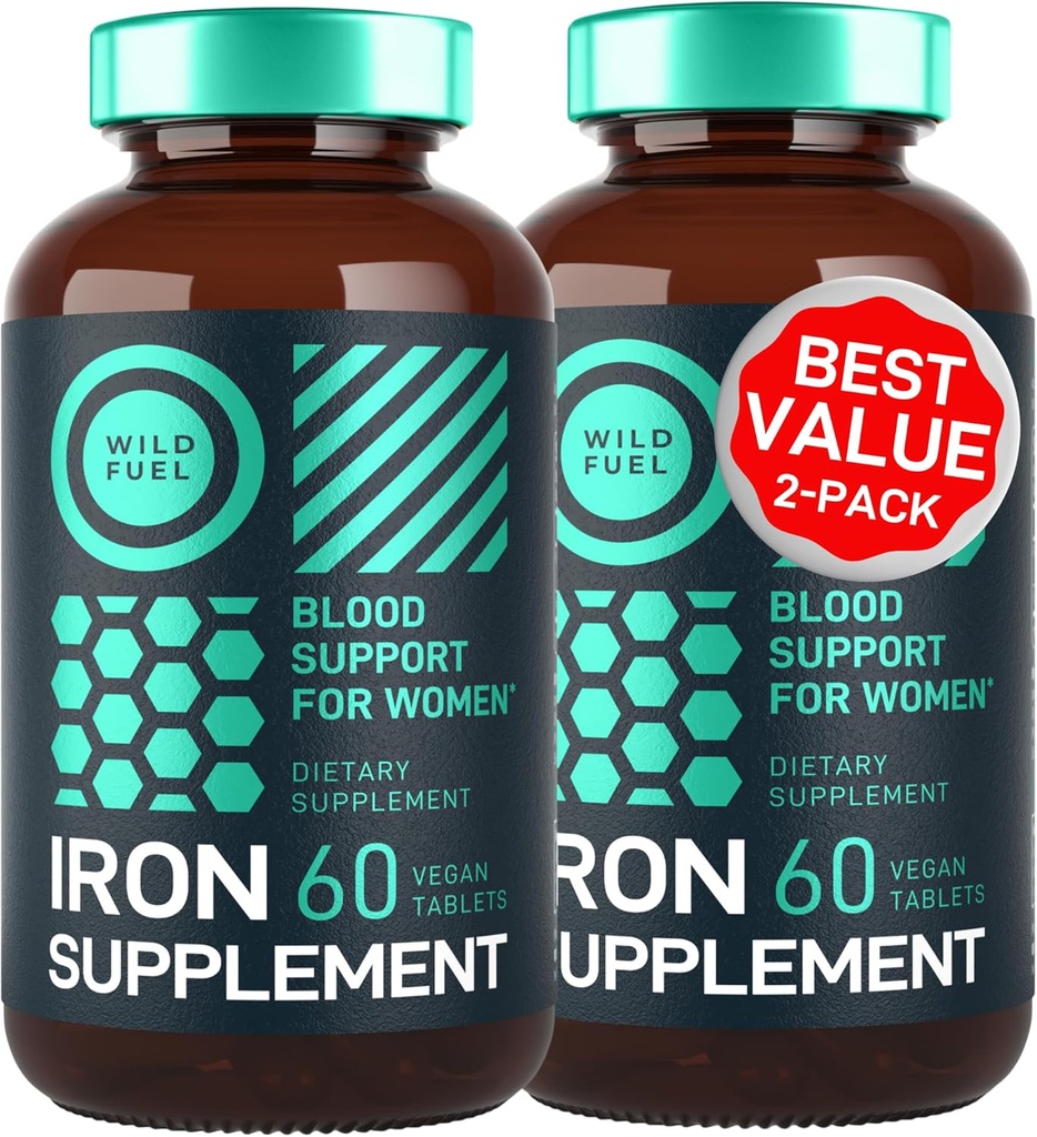 Vegan suplemento de ferro para mulheres com ácido fólico - 35 mg Sangue Construtor de Sulfato Ferroso, Ácido Fólico 400 mcg - Pílulas de ferro para mulheres com anemia e suporte gravidez - 120 comprimidos sem glúten - 2Pack