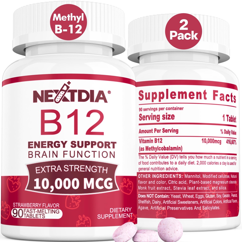 B12 Vitaminas 10.000 mcg, Vitamina Metilada B12 Sublingual - Energia Boost, Foco, Metabolismo e Apoio à Saúde do Cérebro, Suporte do Sistema Imune, Dissolve rápido, Sabor de Morango Natural, 180 Servings