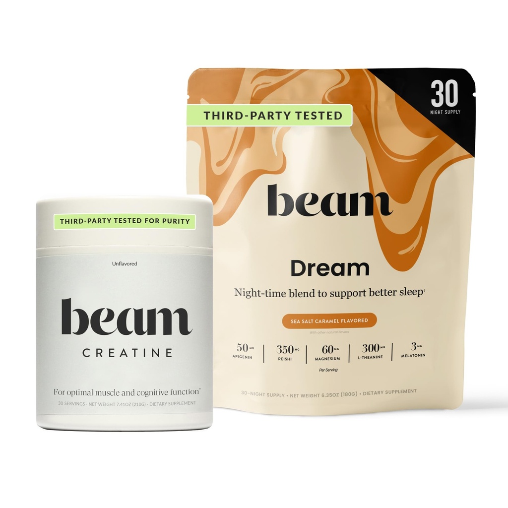 Beam Dream Sleep Powder & Creatine Bundle, terceiro testado ajuda natural do sono e suplemento de recuperação com Creatina Micronizada Monohidrato, Puro creme sem sabor pó para força muscular, Energia