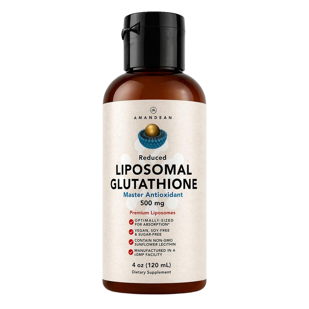 Suplemento de Glutationa lipossomal AMANDEAN. Líquido Reduzido Setria 500mg. Suporte imunológico, Saúde do Cérebro, Detox Fígado, Saúde da Pele. Fosfatidilcolina de Lecitina de girassol não-GMO. Soy-Free & Vegan.