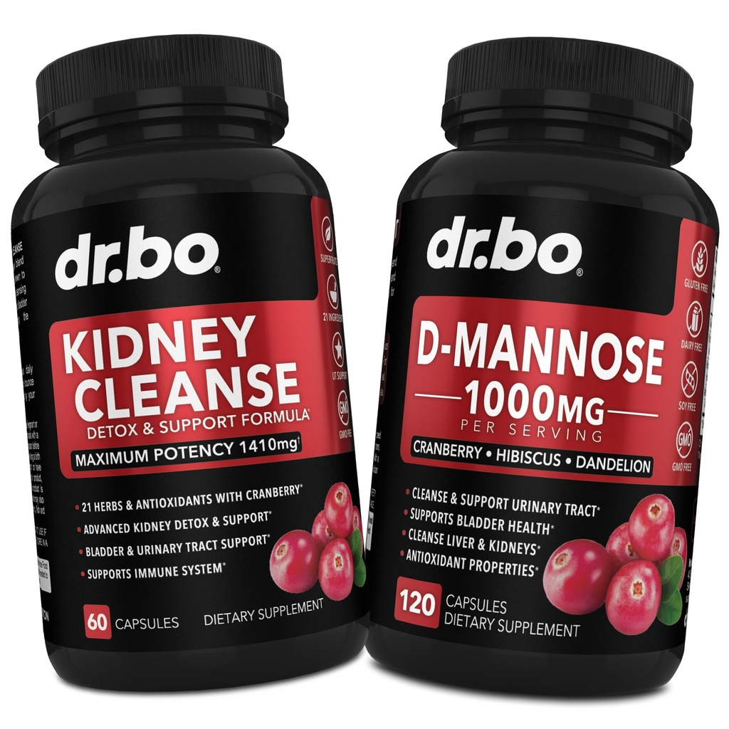 Rim Cleanse & D Mannose Suplementos - Rim Detox Suplemento de suporte, D-Mannose 500mg 1000mg Cápsulas - DMannose & Cranberry Natural para apoiar rins, bexiga e trato urinário Suplementos de saúde