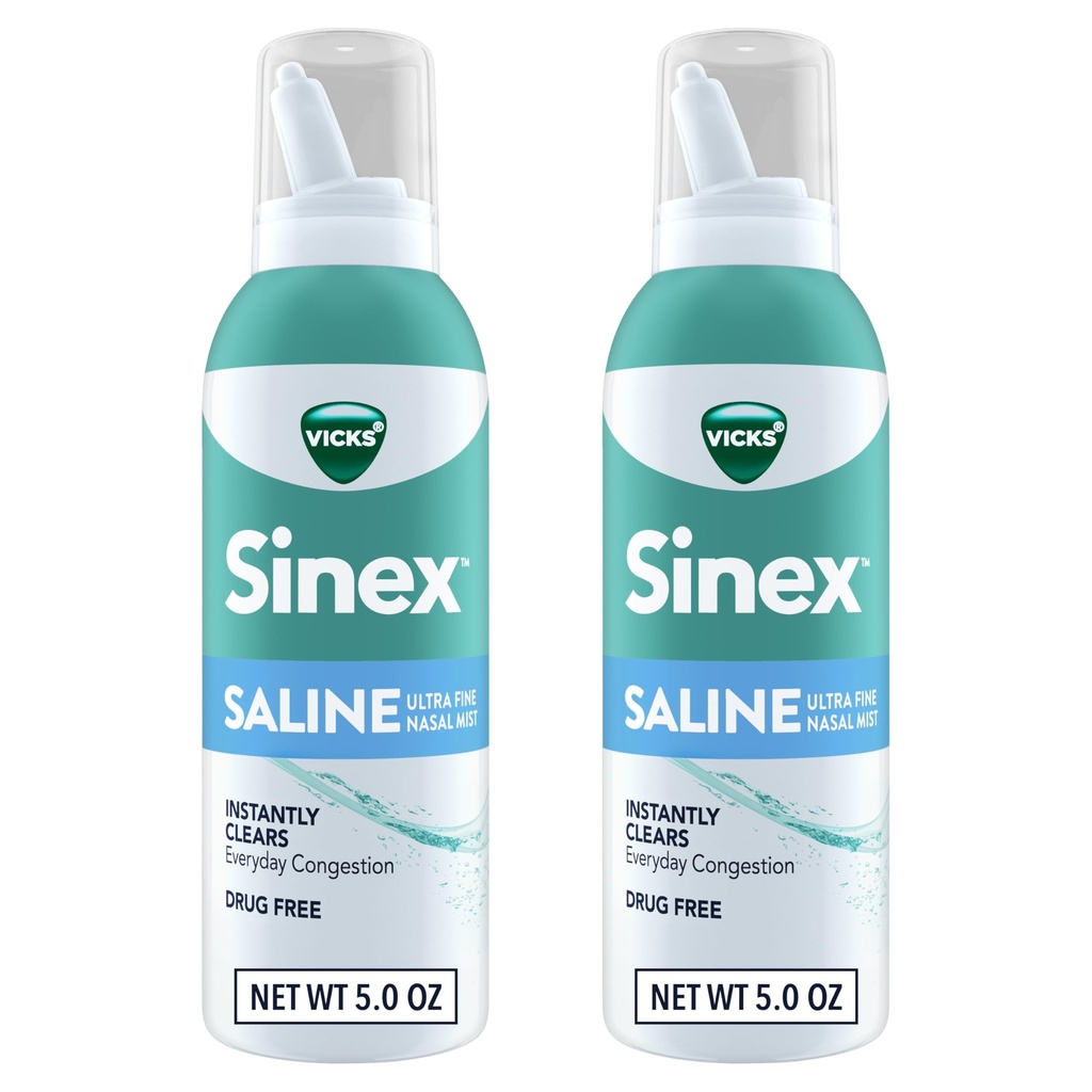 Vicks Sinex Salina Pulverização nasal, Drug Free Ultra Fine Mist, limpar todos os dias congestão sinusal rápido, muco claro de um frio ou alergia, uso diário 5,0 fl oz x 2