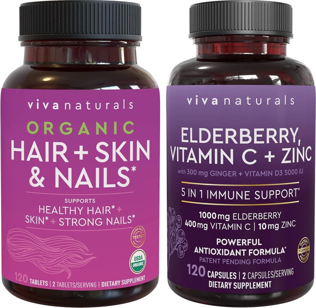 Pele e unhas de cabelo orgânicos + Elderberry, Vitamina C & Zinc Bundle, Feito com Biotin 5000mcg para cabelos saudáveis, Elderberry para Antioxidante e Imune Suporte