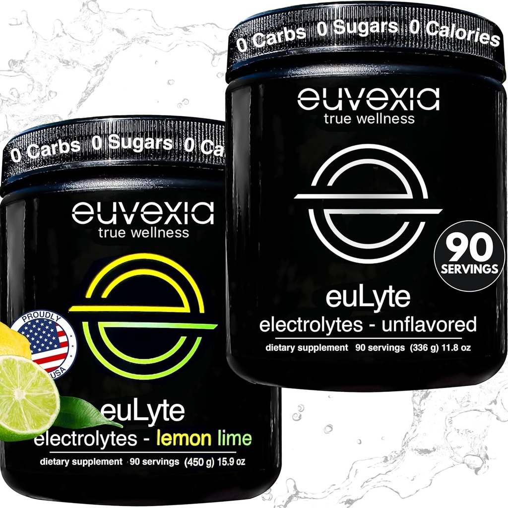 Euvexia Dr Ekberg EuLyte Eletrolytes Bundle □ Unflavored + Lemon Lime Variety Pack ; Açúcar Free Electrolyte Powder com 80 + Minerals + 90 Servings Cada sabor / Keto Fasting Hydration Support