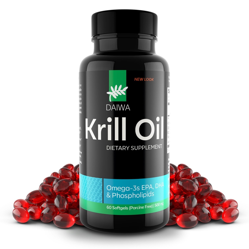 Daiwa Krill Oil 1000mg Softgels - EPA DHA Omega 3 Antárctico Krill Oil Supplement with Astaxantina - Solução Natural para Articulação, Apoio ao Cérebro e Saúde do Coração - 60/ct