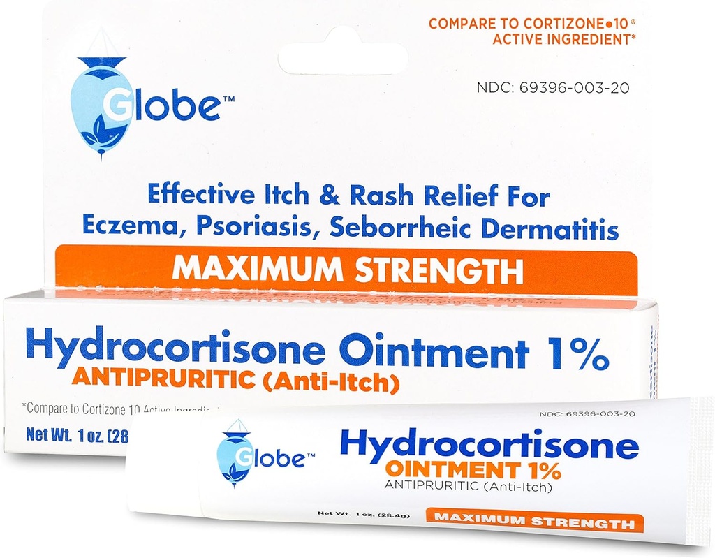 Globe Hydrocortisona Máxima Força Pomada Transparente 1%,1 oz □ Anti-Itch Pomada Topical para Vermelhidão, Inchaço, Coceira, Erupção cutânea, Dermatite, Bites de Bug/Mosquito, Eczema, Hemorroidas e Mais
