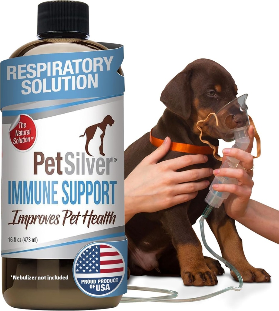 Suporte Imune PetSilver, Solução de Nebulizador Natural, Promove a Saúde Respiratória em Gatos & Cães, Alergias, Tratamento de Sinus & Cough, Fácil de Usar, Prata Quelada Patenteada, Feito nos EUA, 16 fl oz
