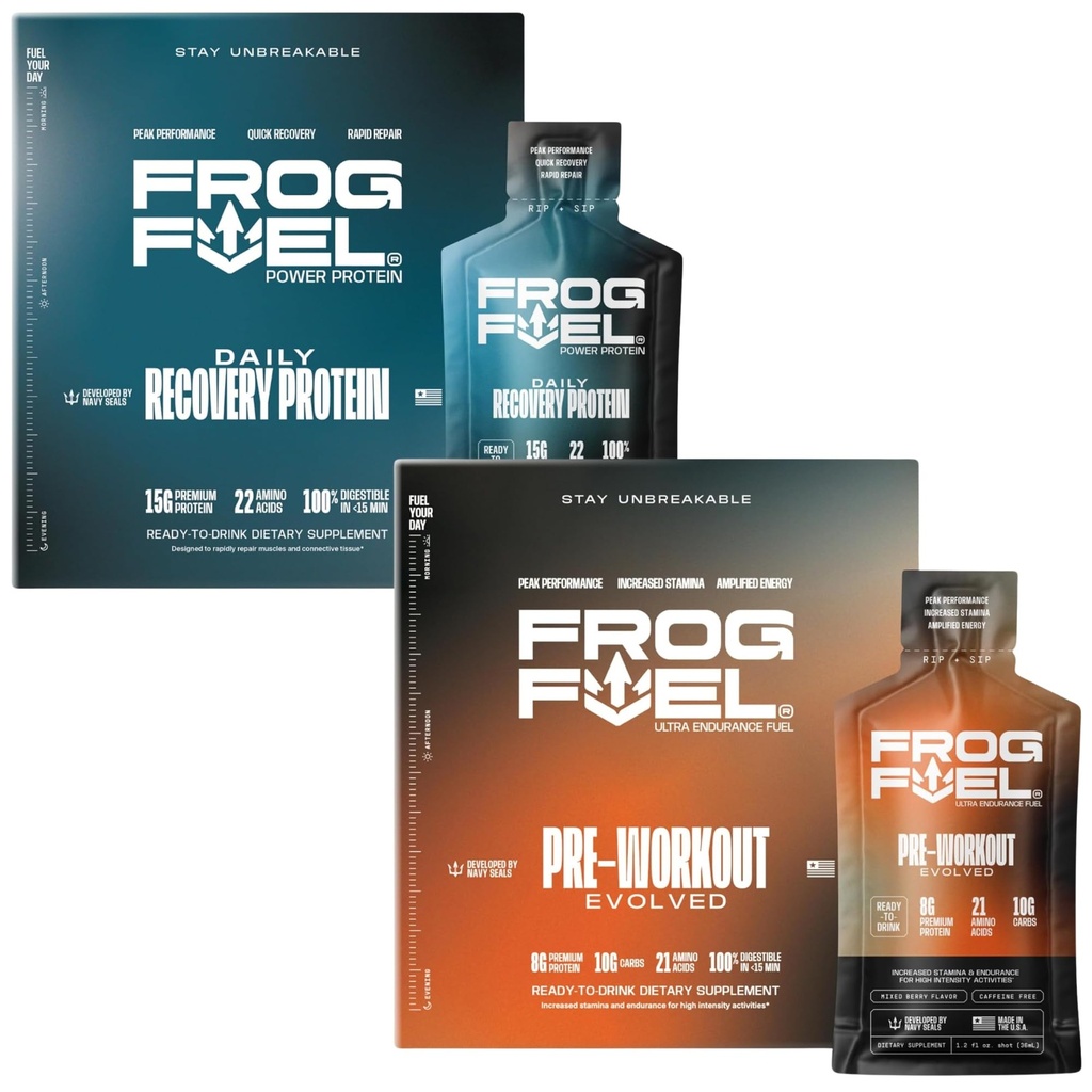 Frog Fuel Power Regular Protein & Ultra Pre Treino Shot Bundle, 1500mg Beta Alanine, 15g Protein Nano-Hydrolyzed Grass Fed Collagen, Pre & Post Workout, 1,2 oz Packets, 48 Pack