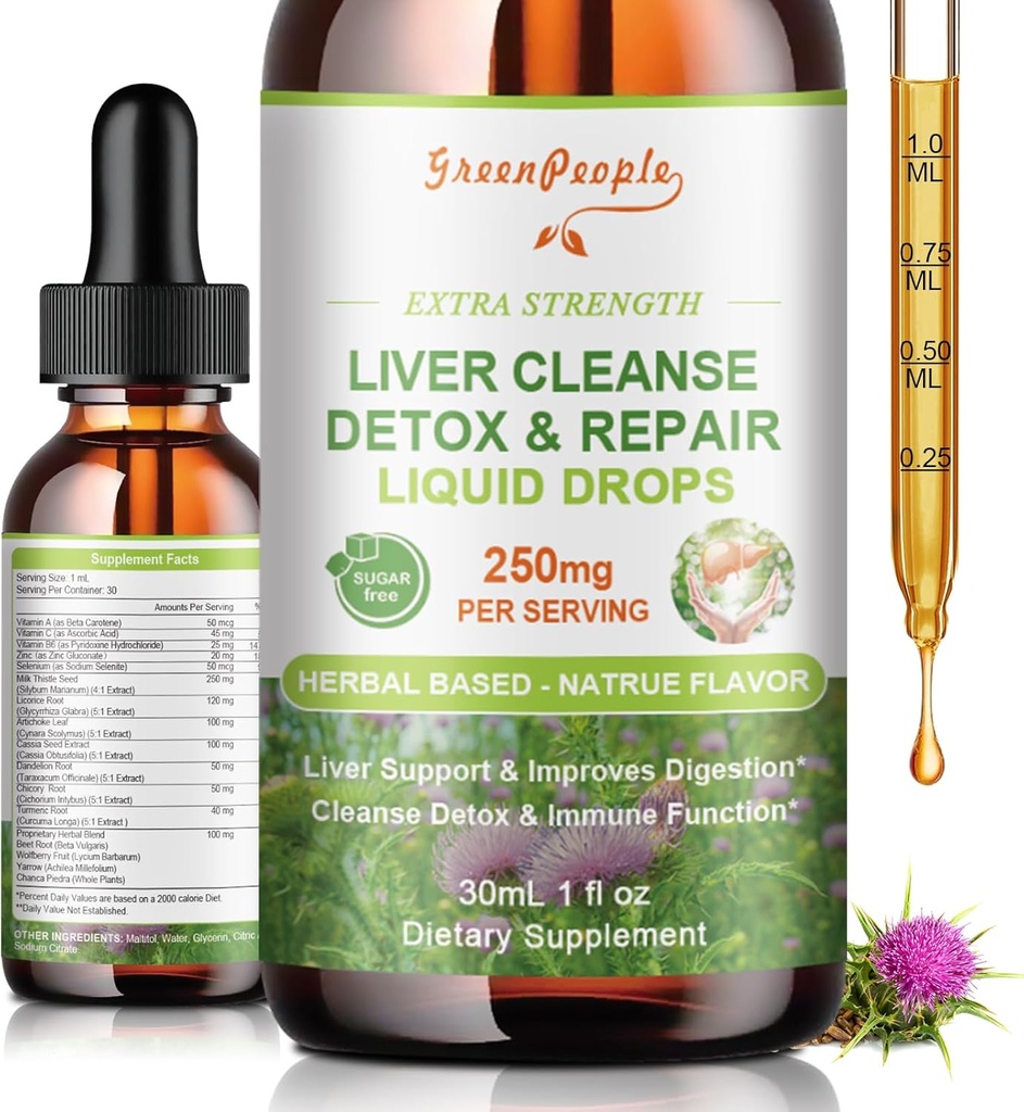 GREENPEOPLE Liver Cleanse Detox & Repair Drops - Suplemento de fígado w/Milk Thistle Silymarin, Alcachofra & Dandelion para Detox de fígado e suporte - 16x Potent Herb-Nutrientes - 1Fl Oz Natural Flavor