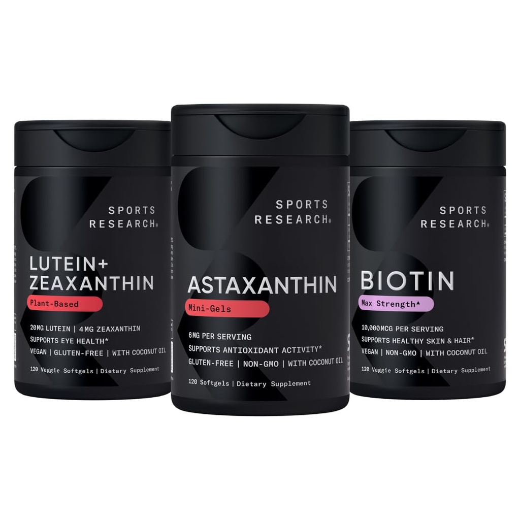 Sports Research Biotin (B7) 10.000mcg + Lutein + Zeaxanthin (20mg) + Astaxantina Suplemento de Algae (6mg) - Todos Vegan        . 120 Softgels Cada , Tudo feito com óleo de coco para melhor absorção