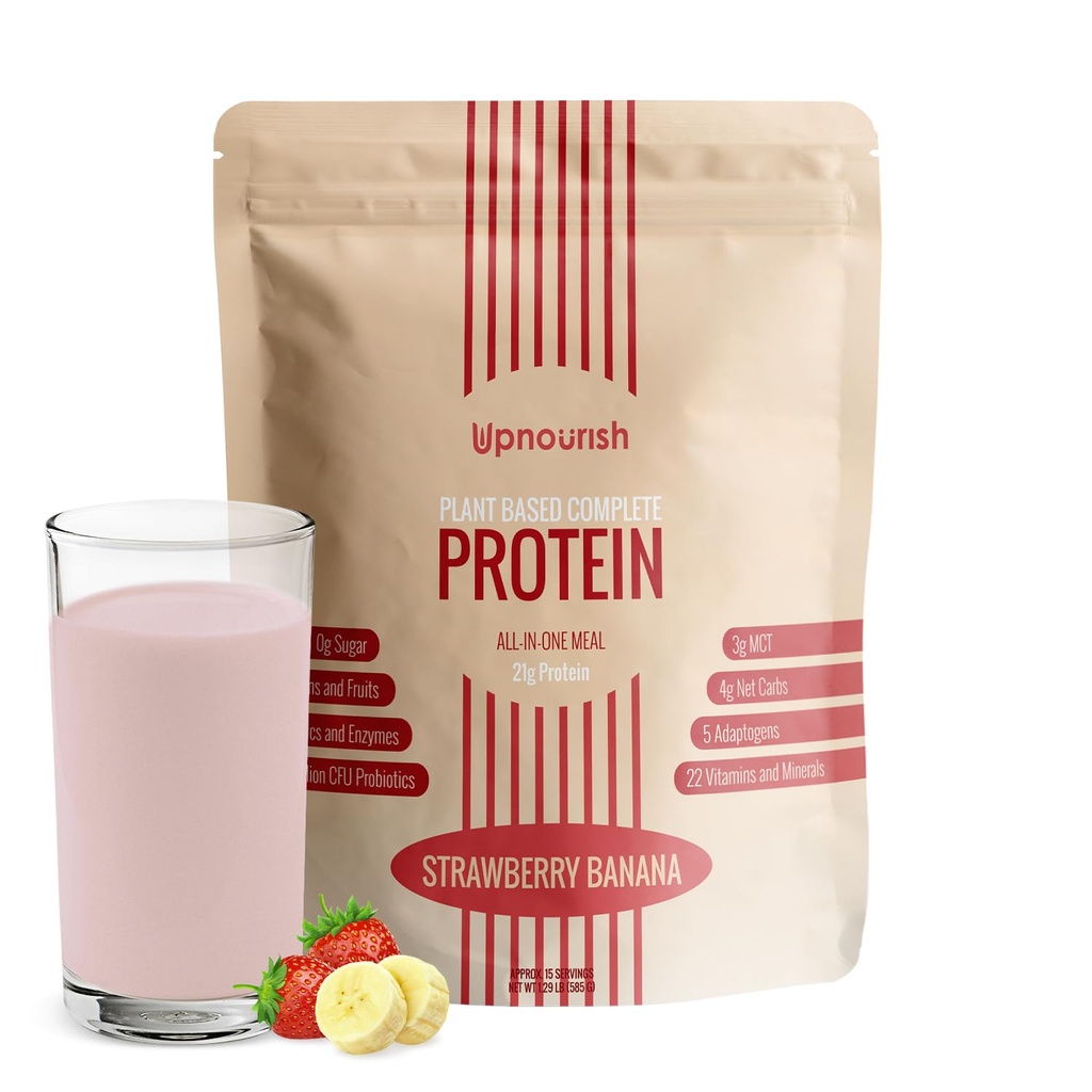 UpNourish Strawberry Banana Vegan Protein Powder 54 Superfoods Pó,1,5 bilhão UFC Probióticos 21g Proteína Baseada em Planta, Sem açúcar sem leite sem leite GMO livre,Check Keto de substituição de refeição-friendly Low-Carb Diet,15 Servings