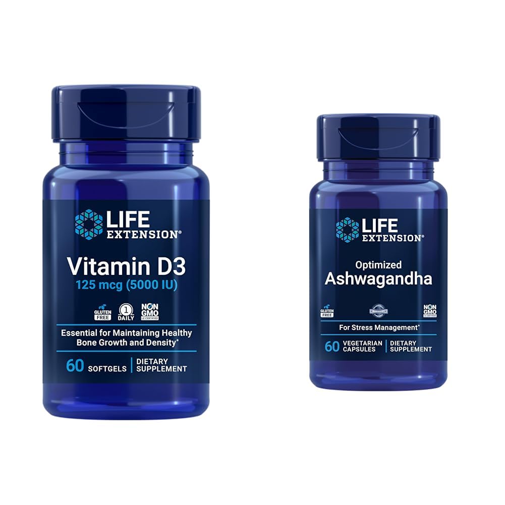 Extensão de vida Vitamina D3 5000 UI, Ashwagandha - alívio de estresse, foco, memória, suporte de humor - pacote de suplementos não-GMO