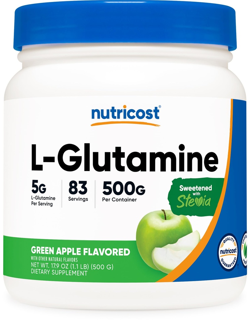 Nutricost L-Glutamina Powder Supplement (Maçã Verde) 500g - Suporte ao intestino, 5 gramas por serviço, adoçado com Stevia - Sem glúten, Não OGM