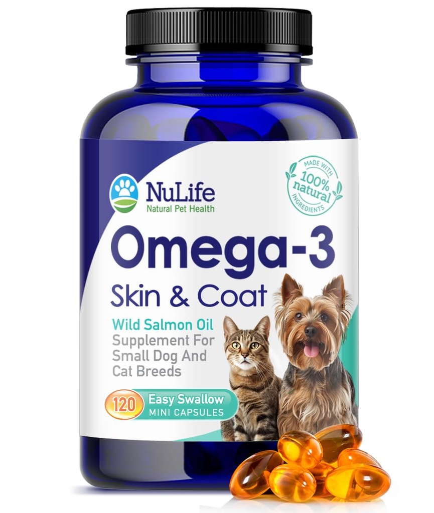 Ómega 3 Óleo de Peixe para Cães Pequenos e Gatos - Pet Fish Oil Supplement with DHA & EPA Fatty Acids for Healthy Skin and Coat - Melhora o Revestimento e Alivia a Pele Seca, Comichão - 500mg - 120 Cápsulas