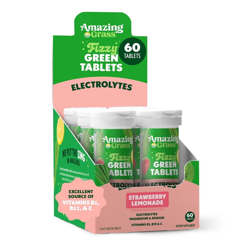 Incrivel Grass Eletrolyte Tablets, Fizzy Greens água saborosa Tablet com vitaminas, Hydrate Morango limonada, 10 Conde (Pacote de 6) (Pacote de Maio Vary)