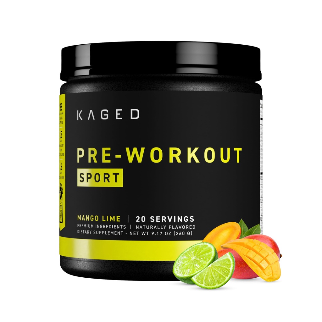 Kaged Sport Pré Treino Pó para Homens e Mulheres, Mango Cale, Sport Certified, 188mg Cafeína, Suplemento de óxido nítrico, Beta Alanine para Energia, Halterofilismo, Cardio Endurance & Força, 20 Servings