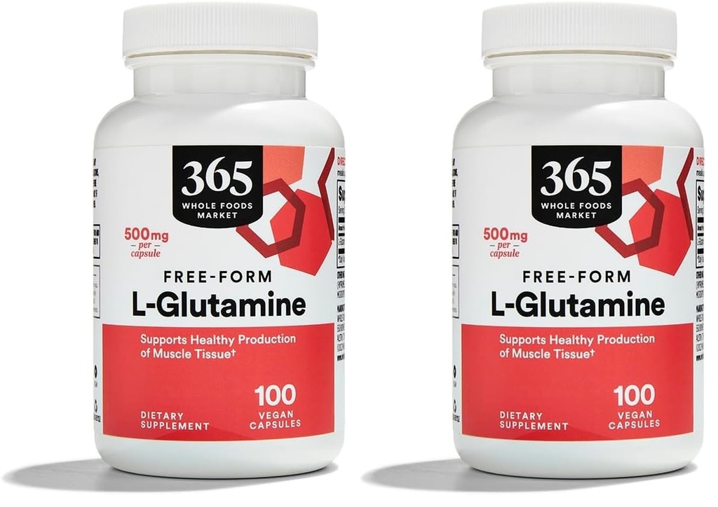 Mercado inteiro de alimentos, L Glutamina 500Mg Veggie Caps, 100 Contagem (Pacote de 2)