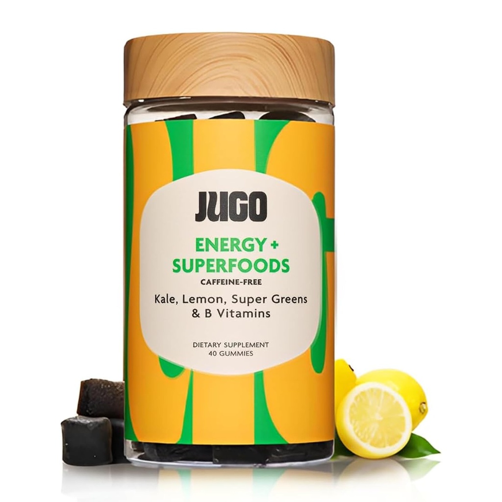 JUGO Energy + SUPERFOODS Vitamina B12 Gummies with Kale & Super Greens □ 40 Count Caffeine-Free Energy Gummies □ Baseada em plantas, Gelatina-Free, Non-GMO, Made in USA