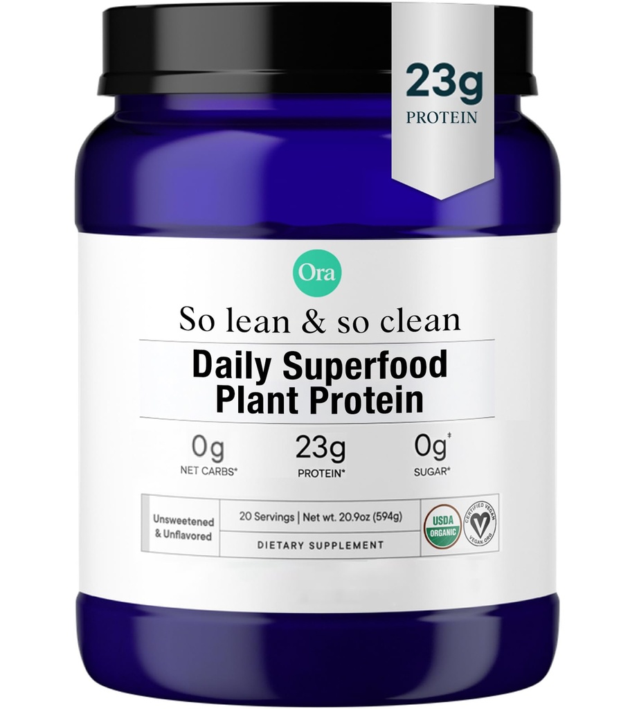 Ora Orgânico Vegan Protein Powder - 23g Planta Based Ervilha Proteína + Superalimento para Mulheres e Homens - Undoced & Unflavored - 20 Servings, Sem Eritritol, Keto-Friendly, Gluten-Free, Paleo, Soy-Free