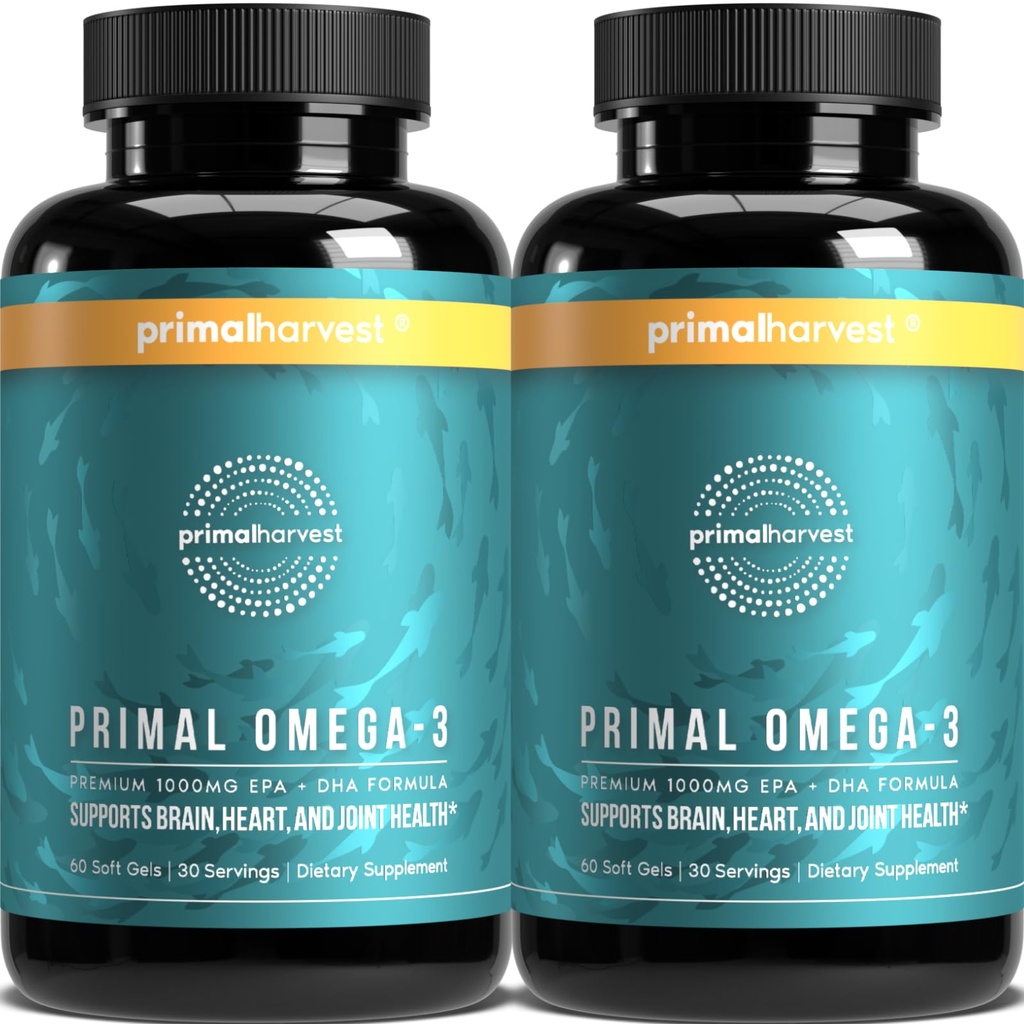 Primal Harvest Omega 3 Suplementos de óleo de peixe, 30 cápsulas de géis macios w/ 1000mg EPA + suplementos DHA, Sem arrotos de peixe não-GMO Omega 3 Ácido gordo, 2 pacote