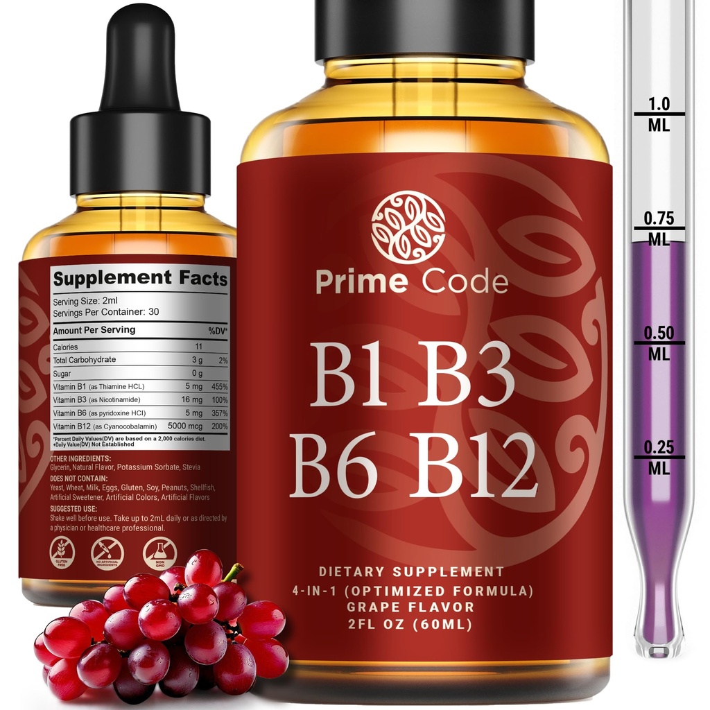 Código Prime Liquid Vitamina B1 Gotas com Vitamina B3 B6 & B12 B Suplemento Líquido Complexo □ Suplemento de tiamina para adultos □ Alta Absorção
