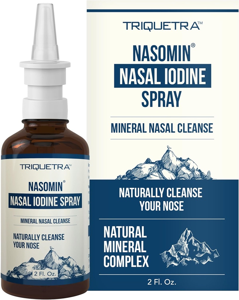 Nasomin® Iodo Spray nasal – Limpa e Refresca suas Passagens nasais – Mistura de Iodo e Ácido Fulvico – 150+ Usos por garrafa – Fórmula Mineral 100% Natural – (2 oz. Garrafa + Pulverizador nasal)