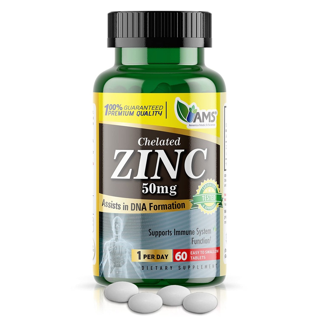 América Medic & Science Quelated Zinc 50 mg Suplementos (1 pacote de 60 comprimidos) Imune Booster e poderoso antioxidante pílulas para adultos homens e mulheres